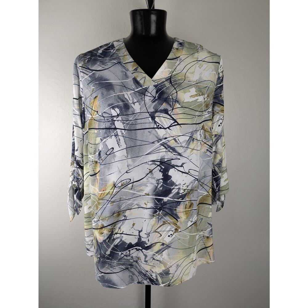 Ulla Popken V-neck Tunic Blouse Tie Sleeves Blue Green Abstract Print